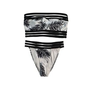 Women Medium Black White Palm Print Strapless Mesh‎ Cage Bikini Set Size M
